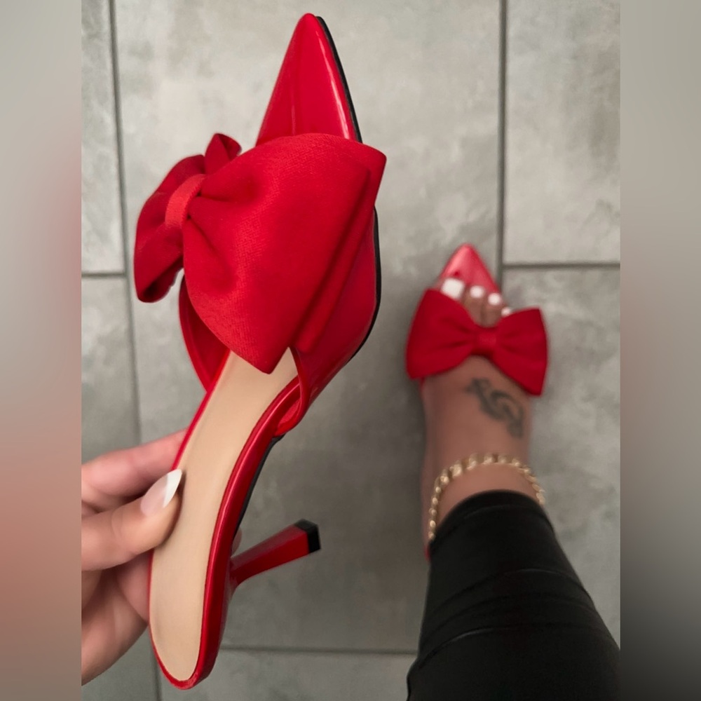 ❤️Red Satin Bow Pointed Toe Mule Heels | 2" Slip-On Kitten Heels